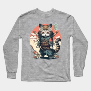 Samurai Cat Tattoo, Kawaii Ninja Cat Long Sleeve T-Shirt